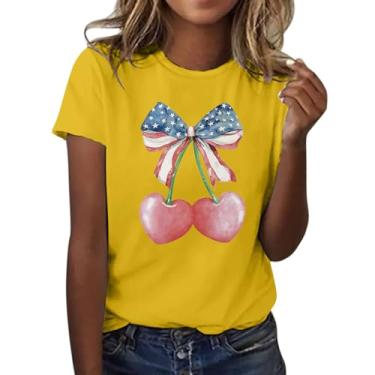 Imagem de Camiseta feminina Dia da Independência com estampa de laço de cereja e coração blusa de manga curta gola redonda 4 de julho, Amarelo, G