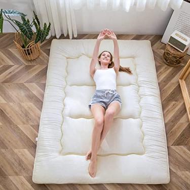 Imagem de MAXYOYO Colchão de chão japonês, colchão futon, almofada de dormir espessa, dobrável, futon de chão para adultos, tapete de tatame, dormitório, espreguiçadeira, branco-creme, tamanho casal