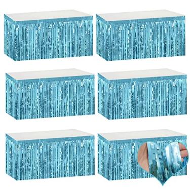 Imagem de Pacote com 6 Saias de Mesa com Franja Metálica Azul Claro de 73 x 273 cm Faixa para Tinsel Streamer Guirlanda Cortinas Pano de Fundo para Desfile Boias de Casamento Chá de Bebê Aniversário Natal Decoração de Festa de Halloween