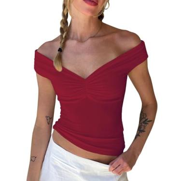Imagem de Balimtoy Blusa feminina com ombros de fora, sem mangas, costas nuas, cropped para sair, gola V, caimento justo, bustiê, roupas Y2K, Vermelho, PP
