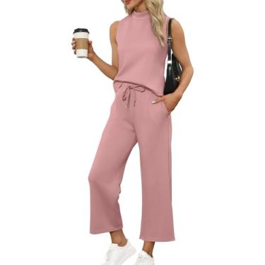 Imagem de SAMPEEL Conjunto de duas peças para mulheres, roupas de verão, gola redonda, calça cropped de perna larga, roupas de viagem para férias, rosa, XX-Large