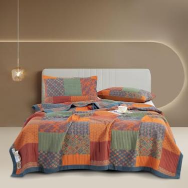Imagem de Purefair Cobertor de musselina 100% algodão jacquard rústico laranja boêmio xadrez colcha floral, capa de cama macia 3 camadas gaze reversível colcha casal/queen (198 x 238 cm), sem fronha