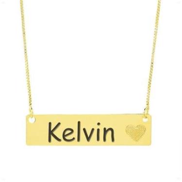 Imagem de Colar Chapinha Coração Gravação Personalizada Nome Kelvin Banhado Ouro 18K - 999006068-Feminino