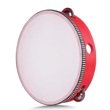 Imagem de Flexzion Pandeiro portátil de madeira de 20,32 cm, fileira única, 5 pares de jingles (vermelho) – Tambor de Percussão Manual Lua Musical com Punho Ergonômico para Crianças Adultos, Presente de Sala de Aula, Festa KTV