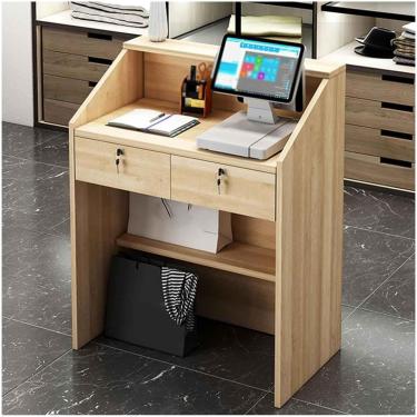 Imagem de Balcão de recepção moderno Balcão de recepção pequeno com gavetas e prateleira com fechadura Salão Mesa de sala de recepção Mesa de computador de escritório Balcão de checkout de varejo, mad