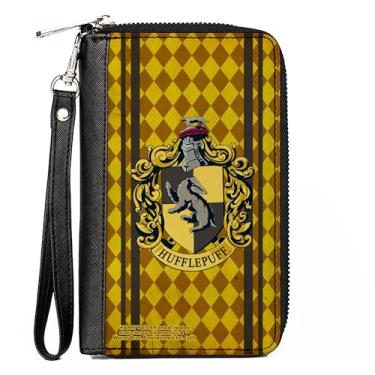 Imagem de Buckle-Down Carteira The Wizarding World of Harry Potter, zíper ao redor, listras de brasão da Lufa-Lufa, diamantes marrons dourados, couro vegano, Amarelo, 7.5"x4.5", Casual