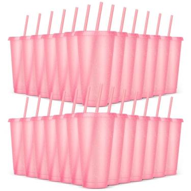 Imagem de LEIFEOSH Pacote com 24 copos de plástico com tampas e canudo, copos reutilizáveis com tampas e canudos, copos coloridos para bebidas frias, café gelado, copo de plástico a granel para presentes de