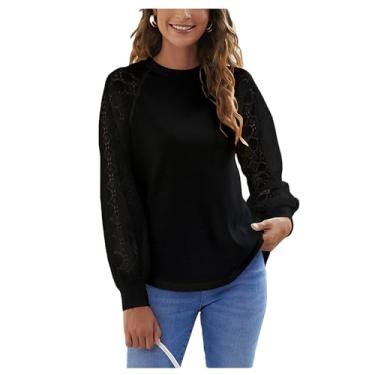 Imagem de Letuwj Camiseta feminina de manga comprida com gola redonda e patchwork, Preto, G