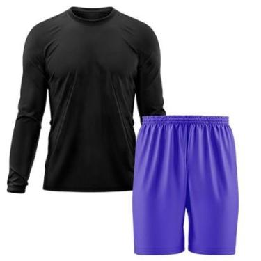 Imagem de Kit Calção Short Futebol Basquete Azul + Manga Longa Masculina Segunda Pele Dry-Masculino