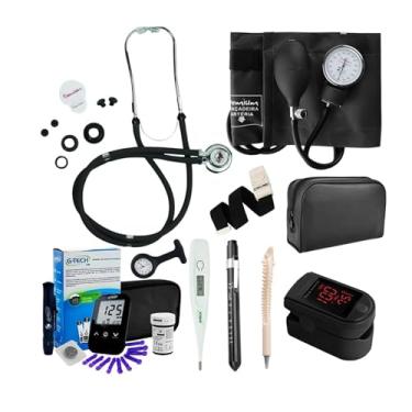 Imagem de Kit Enfermagem Completo Preto Estetoscópio Esfigmomanômetro Oximetro Glicosímetro Garrote Termometro, Lanterna Clínica, Relógio Lapela + Caneta de Osso