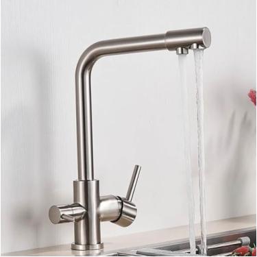 Imagem de Torneira de cozinha com filtro cromado, torneira de cozinha para água potável pura, montada no deck, alças duplas, misturador de água quente e fria de 3 vias, níquel escovado