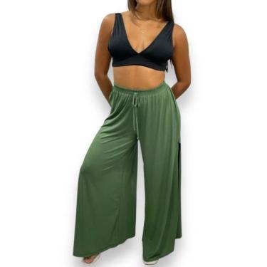 Imagem de Calça Pantalona Feminina com Fenda Lateral Cintura Alta Viscolycra - U