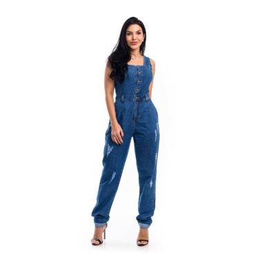 Imagem de Macacão Calça  Slouchy Jeans Sem Lycra - Restrito Jeans, 40, Azul médi