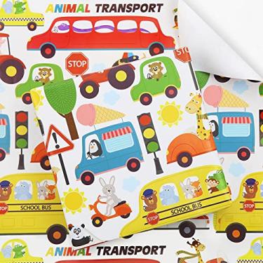 Imagem de Papel de embrulho de aniversário para crianças, meninas, meninos, design de transporte de animais, papel de embrulho para chá de bebê, carro de polícia, ambulância, ônibus escolar, animais fofos, 4