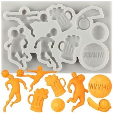 Imagem de MINFEIDMS Moldes de fondant com tema de futebol americano molde de silicone apito de cerveja moldes de chocolate para decoração de bolos topo de cupcake doces açúcar artesanato polímero argila pasta