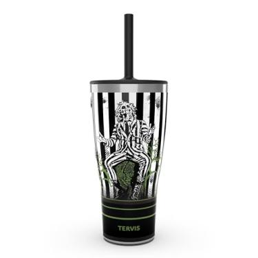 Imagem de Tervis Copo de viagem Traveler Beetlejuice Beetlejuice Beetlejuice com isolamento térmico de parede tripla mantém as bebidas frias e quentes, 850 g com tampa de palha, aço inoxidável