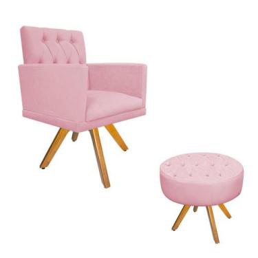 Imagem de kit Poltrona e Puff Nanda Base Giratória de Madeira Suede Rosa Bebê - 