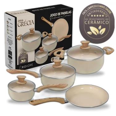 Imagem de Jogo Panela Cerâmica Antiaderente 4 Pçs Vermelha Bege Frigideira Caçar