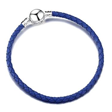 Imagem de QeenseKc Pulseira de couro trançado azul de 3 mm com fecho de pressão redondo pulseira tecida para berloque europeu Pandora joias faça você mesmo 16 cm a 21 cm disponível, Metal, Base
