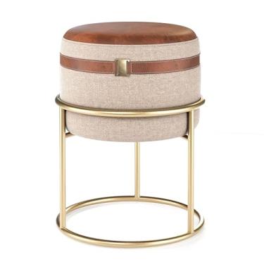 Imagem de Puff Pentadeira Base de Ferro Redondo em Linho e Couro sintetico Banqueta Decorativo - Bege