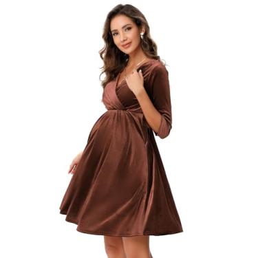 Imagem de FUNJULY Vestido feminino de veludo retrô com decote em V sexy, vestido de festa, vestido de noite, convidada de casamento, Marrom, G