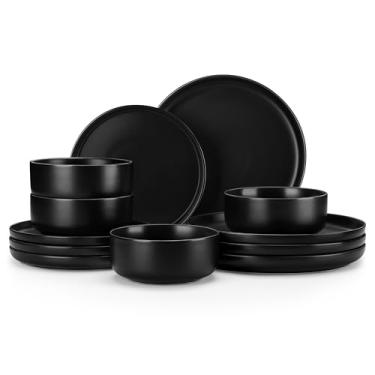 Imagem de MALACASA Conjunto de pratos e tigelas, conjunto de 12 peças de louça de porcelana para 4 utensílios de cozinha, louças de cerâmica, seguro para micro-ondas e lava-louças, preto, série LUNA