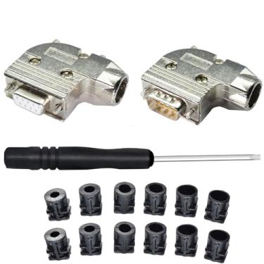 Imagem de Meskliu Conectores de fuga DB9, conector de solda DB9, RS232 D-SUB adaptadores seriais macho e fêmea módulo de solda de placa de fuga de 9 pinos, capa de metal de ângulo de 90 graus com capa de