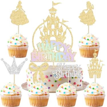 Imagem de Gyufise 25Pcs Castle Cake Topper Frozen Happy Birthday Snowflake Cupcake Toppers Winter Wonderland Cake Decorations for Princess Happy Birthday Baby Shower New Year Party Supplies Gold Silver