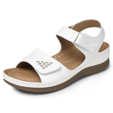 Imagem de SWQZVT Sandálias planas para mulheres: sandália confortável de caminhada de verão - sandálias plataforma de velcro com bico aberto, 58 branco, 37