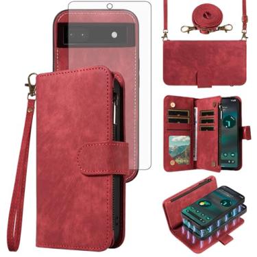 Imagem de Asuwish Capa de telefone para Google Pixel 6A 5G 2022 com zíper carteira magnética destacável com protetor de tela de vidro temperado alça transversal alça flip porta-cartão slot Pixel6A A6 mulheres