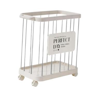 Imagem de Fenteer Cesto de roupa suja com rodas organizador cesto de roupas armazenamento cesto carrinho com rodinhas para quarto hotel armário banheiro família, Branco Prateado