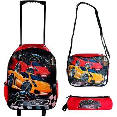 Imagem de Mochila Escolar Carrinho Kit Infantil Meninos - 3 Peças Com Rodinhas Silenciosas+Estojo+Lancheira Merendeira Com Alças - Conforto e Estilo!