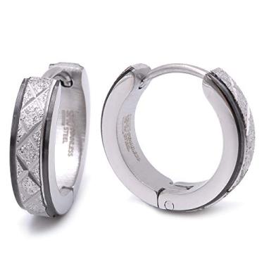 Imagem de Brincos de argola masculinos de aço inoxidável com listras cruzadas douradas e bordas chanfradas 16 mm