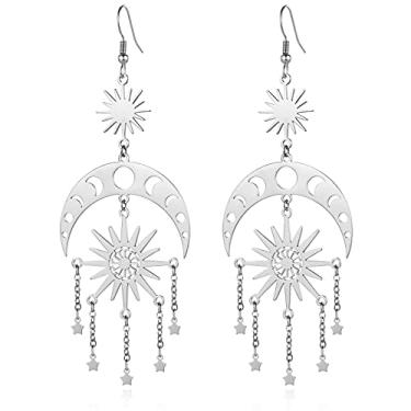 Imagem de Fiklon Brincos Boho Sol e Lua para Mulheres Meninas, Brincos Celestiais Longos Arco-íris Preto Pingente Corrente Lua Crescente Fase Estrela Gotas Aço Inoxidável Boêmio Declaração Brincos Joias, Aço inoxidável, aço inoxidável