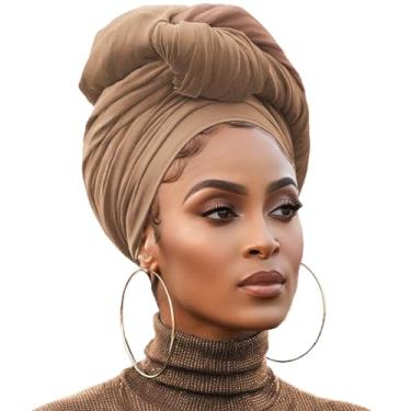 Imagem de XTREND 4 peças de turbante de jérsei elástico cor sólida cachecol de cabelo extralongo turbante macio para mulheres, Z1 Camel, 1 Count (Pack of 1)