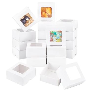 Imagem de BENECREAT Caixa de papel kraft branca com janela transparente, caixa de presente quadrada de 7,6 x 7,6 x 3,8 cm para embalagem de joias de presente de festa de casamento