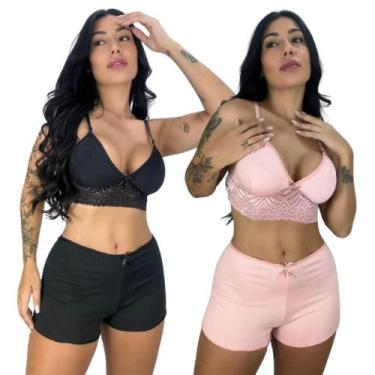 Imagem de Kit 2 Short Doll Feminino Para Dormir Cropeed Short Renda Confortável 