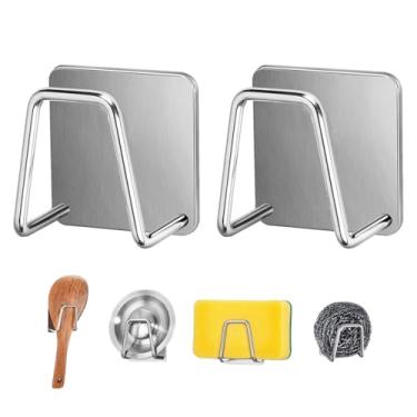 Imagem de Kit com 2 Suporte Adesivo de Esponja Bucha de Lavar Louça Gancho Adesivo Aço Inox para Pia de Cozinha Resistente Suporta até 3kg Multiuso Suporte Banheiro Suporte Toalha Suporte Sabonete