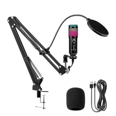 Imagem de Microfone Condensador RGB, Microfone de Mesa, Microfone Gamer – Com Cancelamento de Ruído, Conexão USB Plug-and-Play, Controle de Volume e Eco, Braço Articulado – Ideal para Stream, Gravação, Podcast