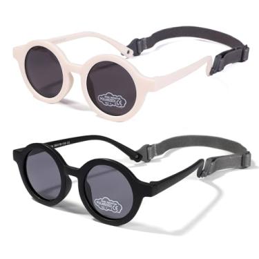 Imagem de FLJMRAVER Óculos de sol redondos polarizados de borracha flexível com alça para bebês recém-nascidos de 0 a 24 meses, B3* Bege fosco/cinza + preto fosco/cinza, Small