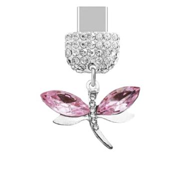 Imagem de ELISE & FONDA TP538 Tipo-C porta de carregamento cristal antipoeira pingente de celular Little Dragonfly para iPhone 15/16/Samsung/OnePlus/Xiaomi/oppo telefones Android (rosa), approx. 3 cm (L) x 0.5