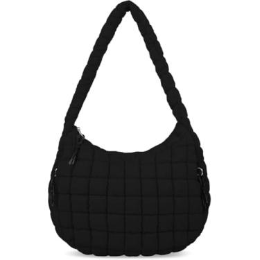 Imagem de Bagtopia Bolsa acolchoada para mulheres, bolsa de ombro grande e fofa, bolsa tiracolo quadriculada leve, bolsa Hobo acolchoada de algodão macio de inverno, preta, Preto