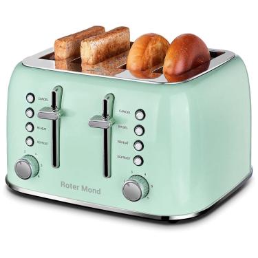 Imagem de Torradeira Elétrica Retrô 4 Fatias em Aço Inoxidável com Painel de Controle Duplo Independente, Bandeja de Migalhas Removível e 6 Níveis de