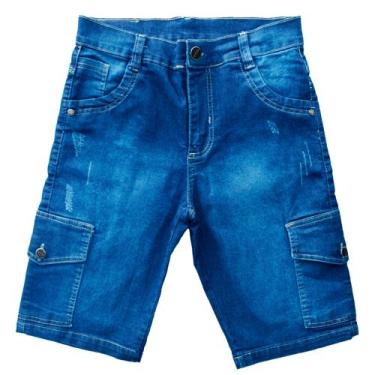 Imagem de Bermuda Jeans Lycra Cargo Masculina Trabalhada c/ 6 bolsos - Chega Mai