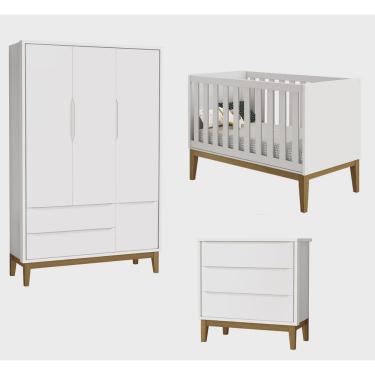 Imagem de Jogo de Quarto Bebê Berço + Cômoda Gaveteiro + Roupeiro 3 Portas Branco Madeira - MoveisAqui