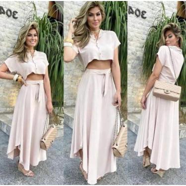 Imagem de Conjunto Feminino Dandara Cropped e Saia Longa Gode Cinto - Fabrica St