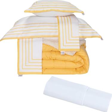 Imagem de Kit 6PCS Cobertor Edredom Sherpa Lã Carneiro Dupla Face 400 Fios (Amarelo Mostarda, Casal Padrão)