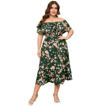 Imagem de KOJOOIN Vestido longo feminino plus size tomara que caia com babados rodado casual verão boho, Flor verde-escuro, XXG