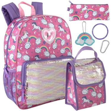 Imagem de Trail maker Conjunto de mochila e lancheira 6 em 1 para meninas para escola com estojo, garrafa de água, chaveiro anexado para crianças, Unicórnios brilhantes, Large, Casual