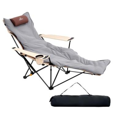 Imagem de QAOYAL Cadeira de acampamento reclinável com apoio para os pés removível, espreguiçadeira dobrável leve ajustável em 4 posições com almofada de algodão, suporte de copo e bolsa de armazenamento para